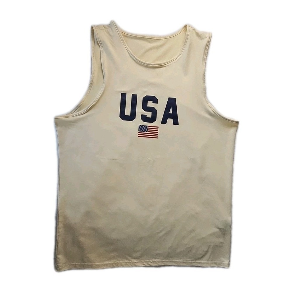 Manfinity Men's Large USA + Flag Logo Tank Top Sleeveless Soft Beige Modern EUC